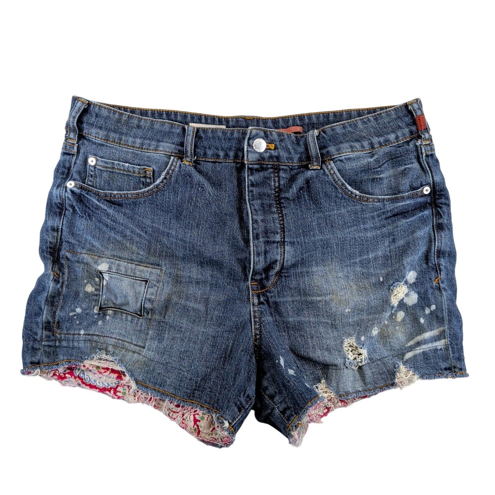 Pilcro Anthropologie The Signature High Rise Shorts Blue Distressed Patchwork 31